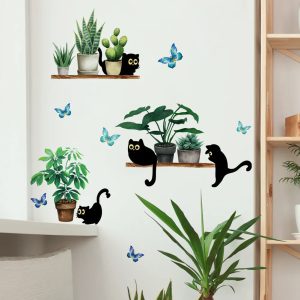 Transformez Votre Intérieur avec Élégance : Le Sticker Mural Chat Noir et Plantes Vertes