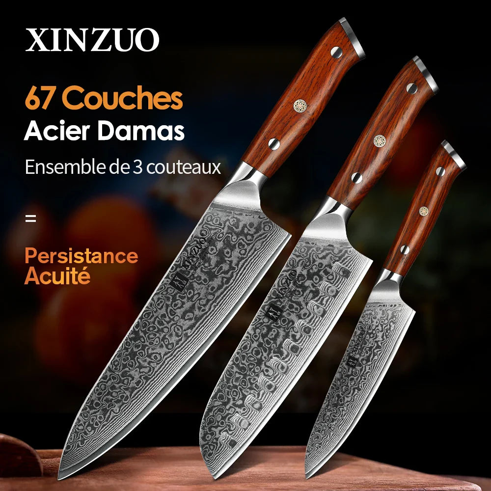Découvrez l’alliance rare d’élégance et de performance avec le set de couteaux XINZUO Damas Bois Rose