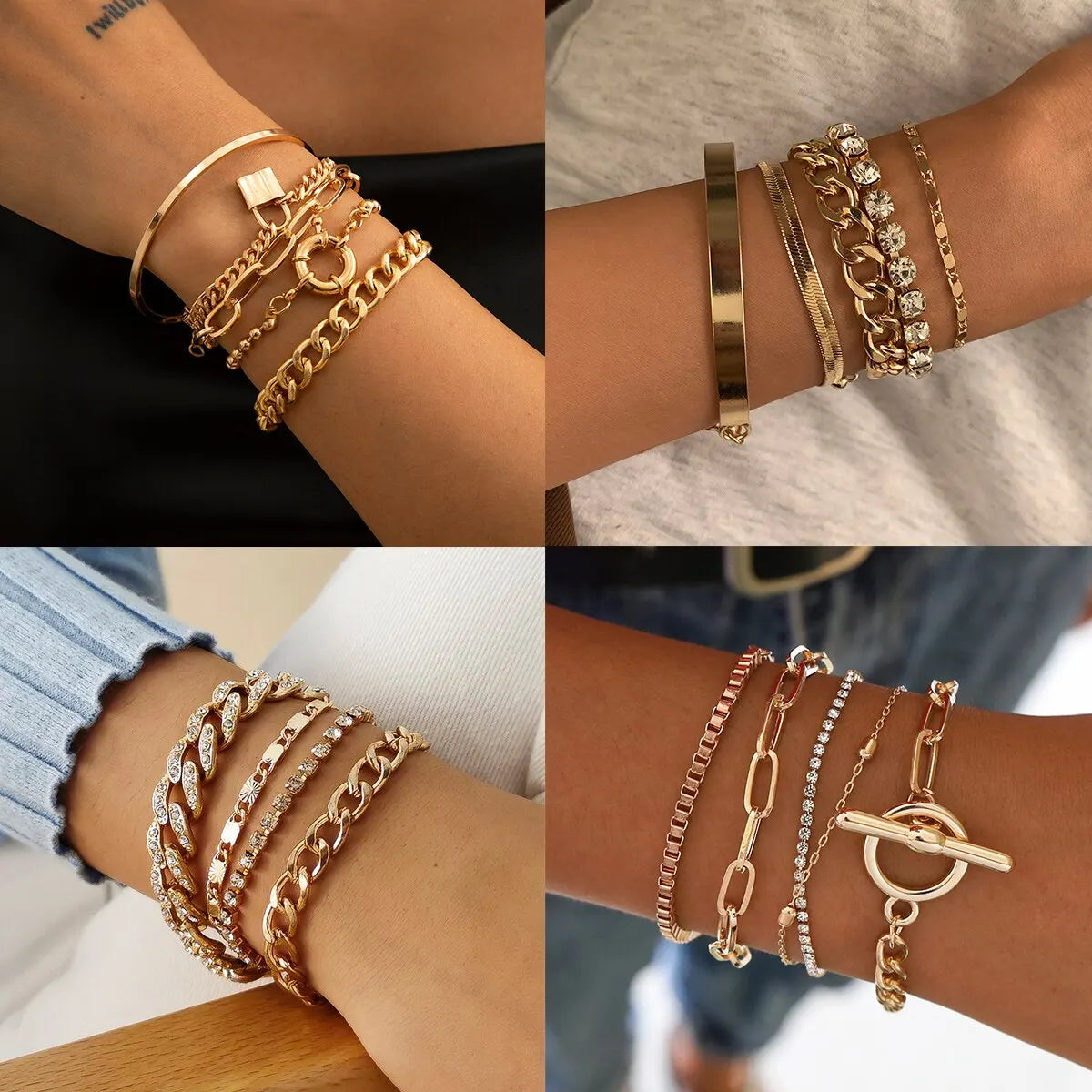 L'audace à votre poignet : L'Ensemble de Bracelets Chaînes Punk Métal Lourd et Strass pour Femmes