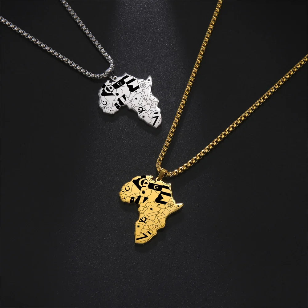 Exprimez Votre Identité avec le Collier Carte de l'Afrique en Acier Inoxydable Style Hip-hop