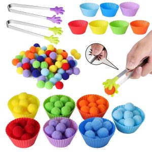 Stimuler la Créativité et la Motricité Fine avec le Jeu Montessori de Pompons Arc-en-Ciel