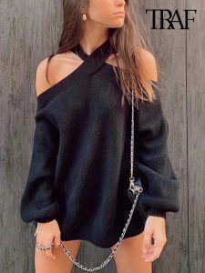 Découvrez l'alliance parfaite entre modernité et confort avec le Pull Sans Épaules à Col Halter TRAF