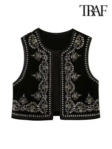 Embrassez l’élégance rétro avec le Gilet Court Broderie Florale et Paillettes pour Femme